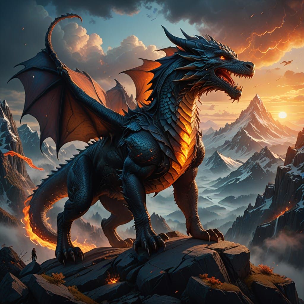 Dragon Wolf Dominates Misty Mountain Peak in Vibrant Fantasy...