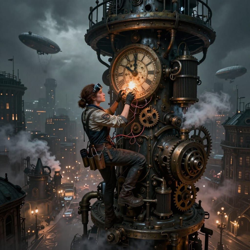Steampunk Engineer Repairs Giant Air Tower in Polluted City