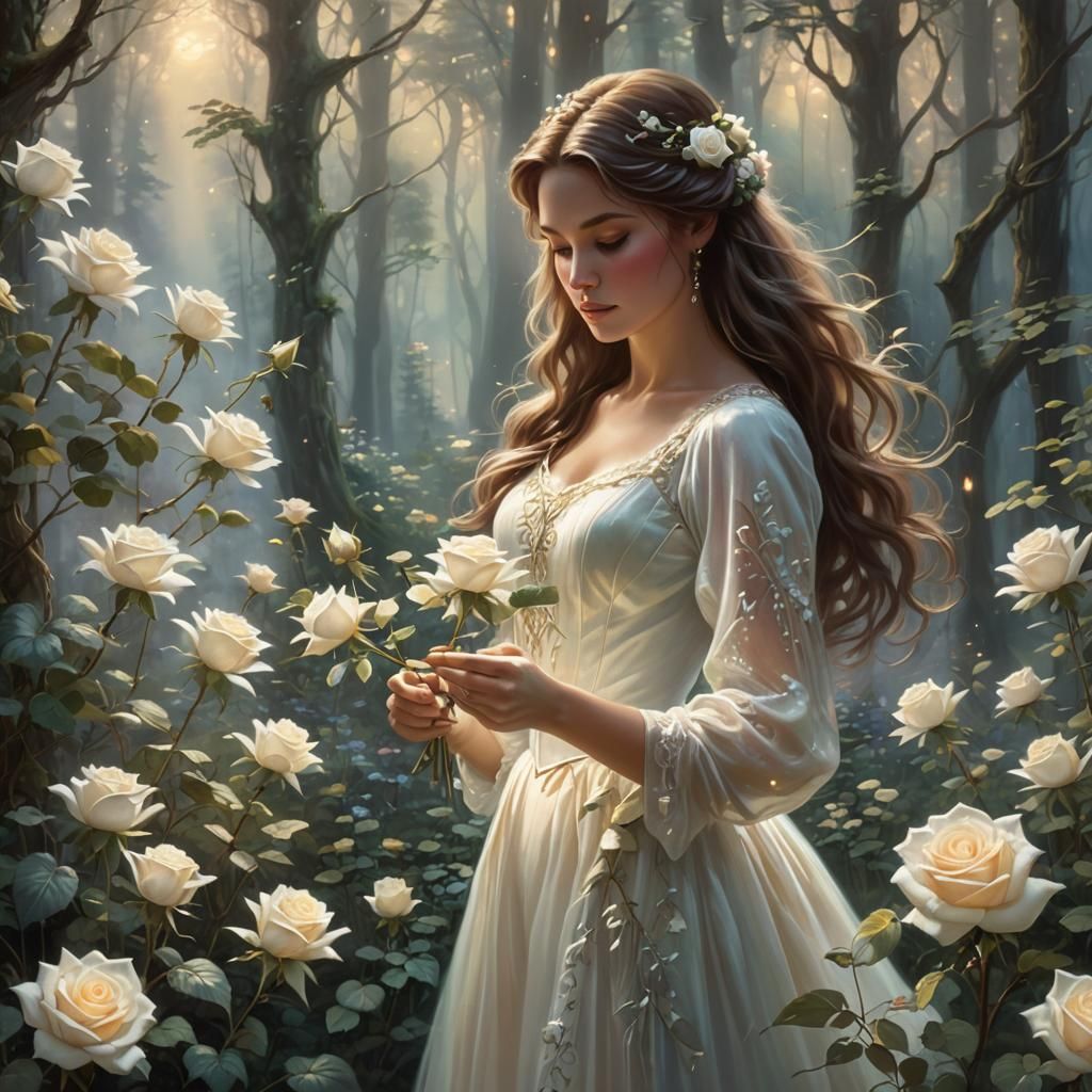 Ethereal Woman Creates Roses in Mystical Forest