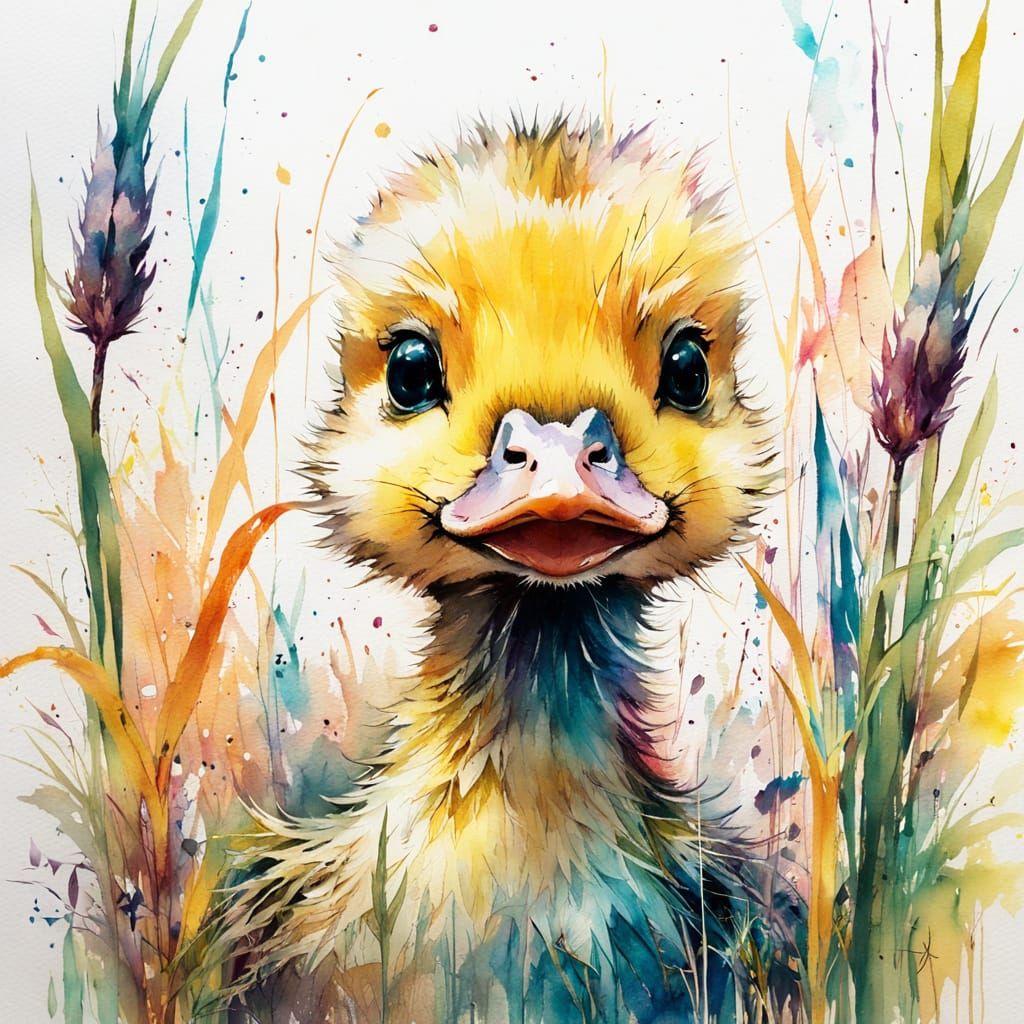 Cute Duckling Portrait in Expressive Watercolor Style