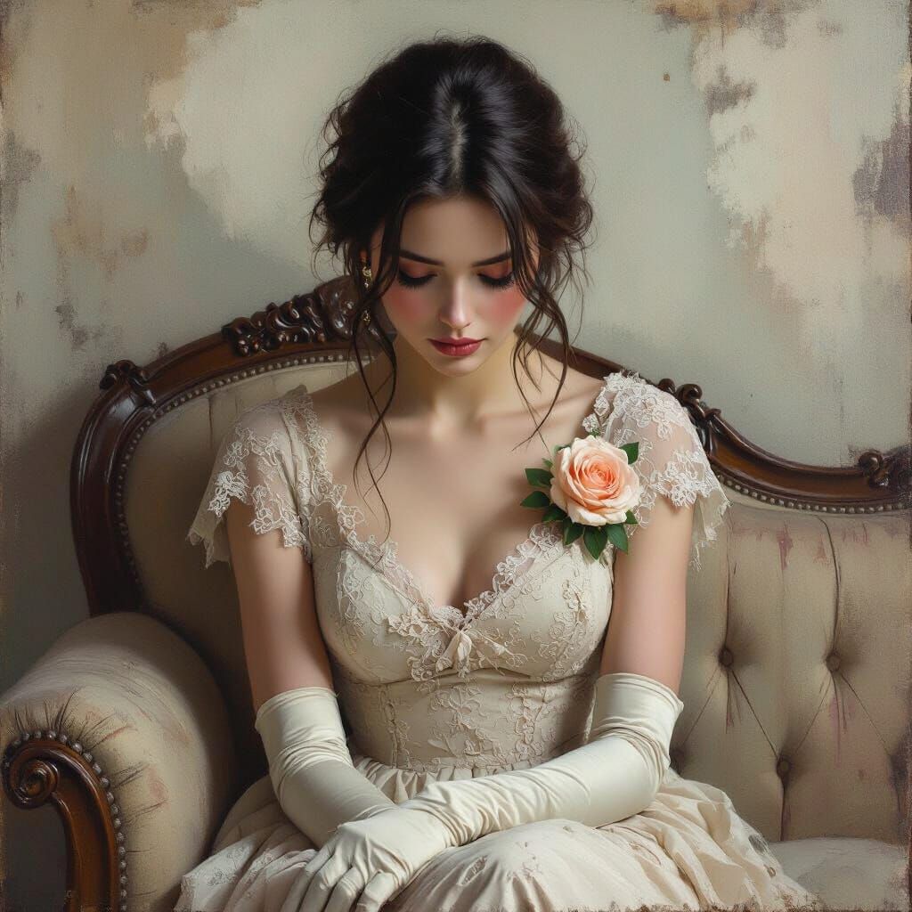 Melancholic Woman in Lace Dress, Moody Oil Painting