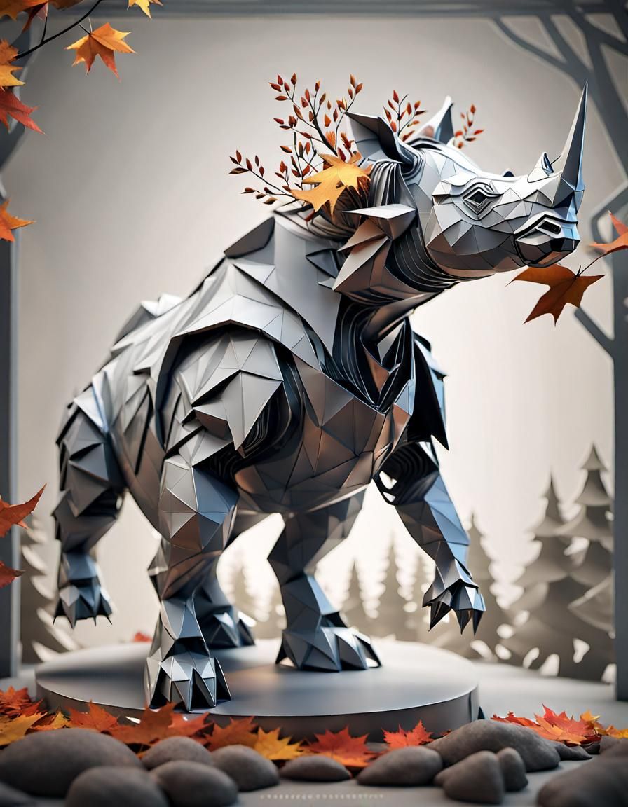 Intricate Kirigami Robot in Autumn Forest