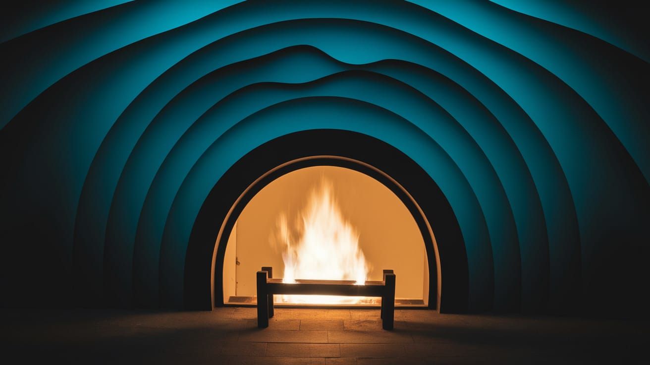 Enigmatic Nighttime Fireplace in Dark Teal and Warm Orange