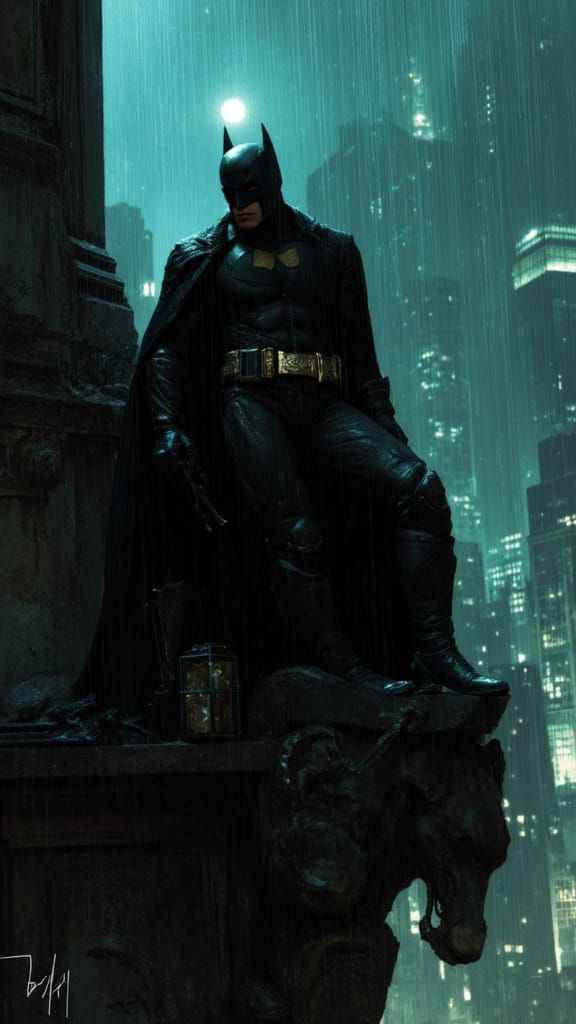Batman Perched on Gargoyle in Moody Gotham City