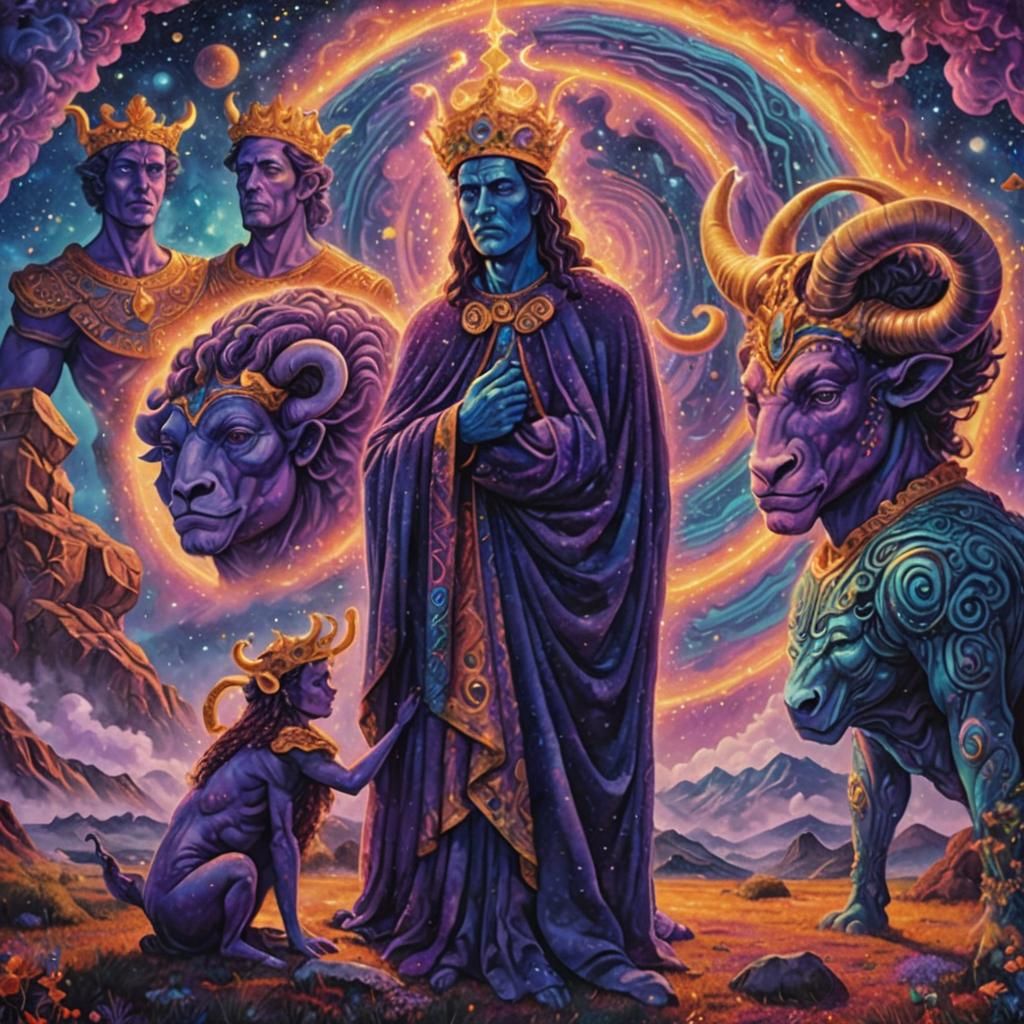 Surreal Cosmic Scene with King, Queen, and Taurus
