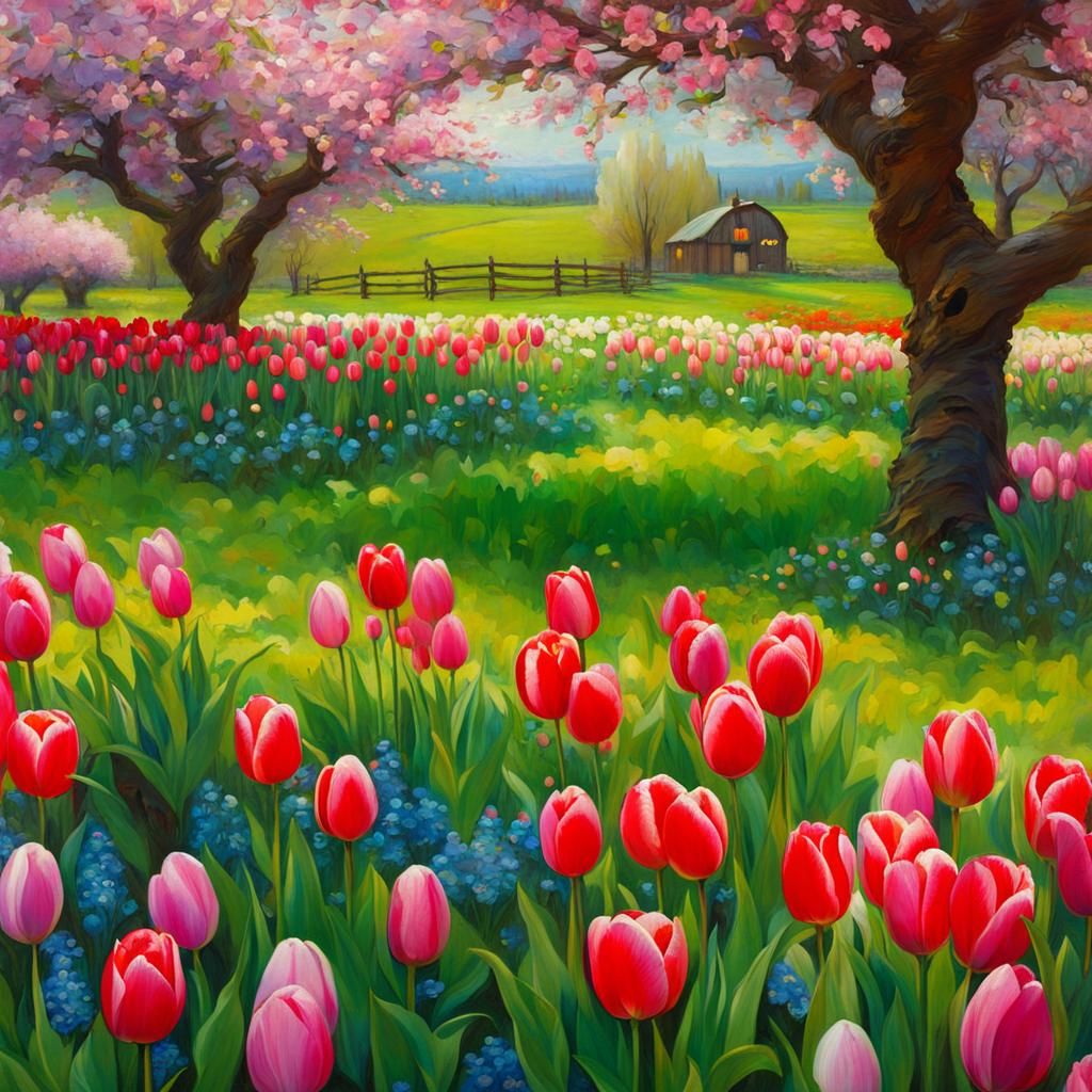 Enchanted Spring Orchard in Anime and Pre-Raphaelite Style