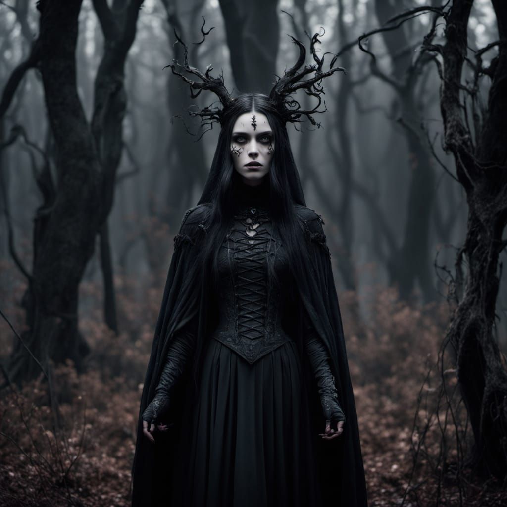 Ethereal Gothic Witch in Moonlit Grove