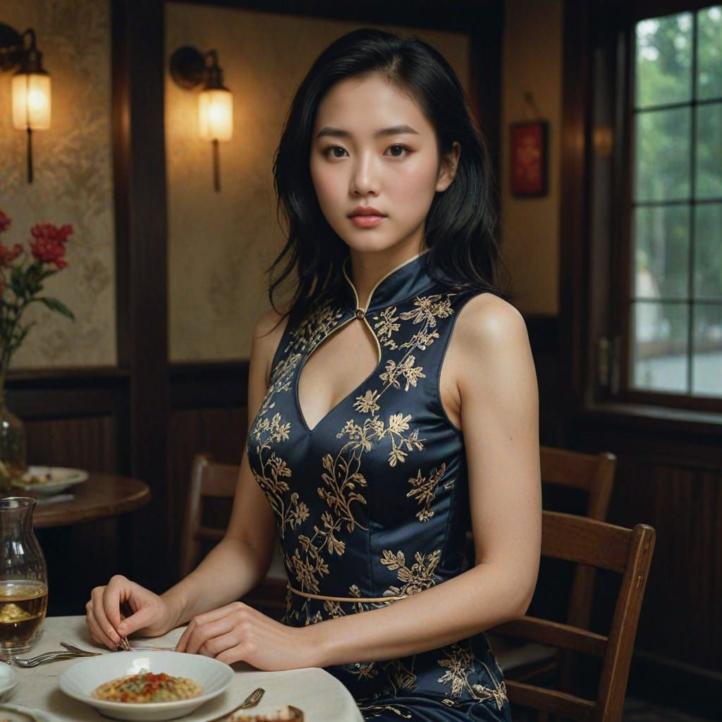 Stunning Asian Woman in Elegant Chinese Cheongsam Dress
