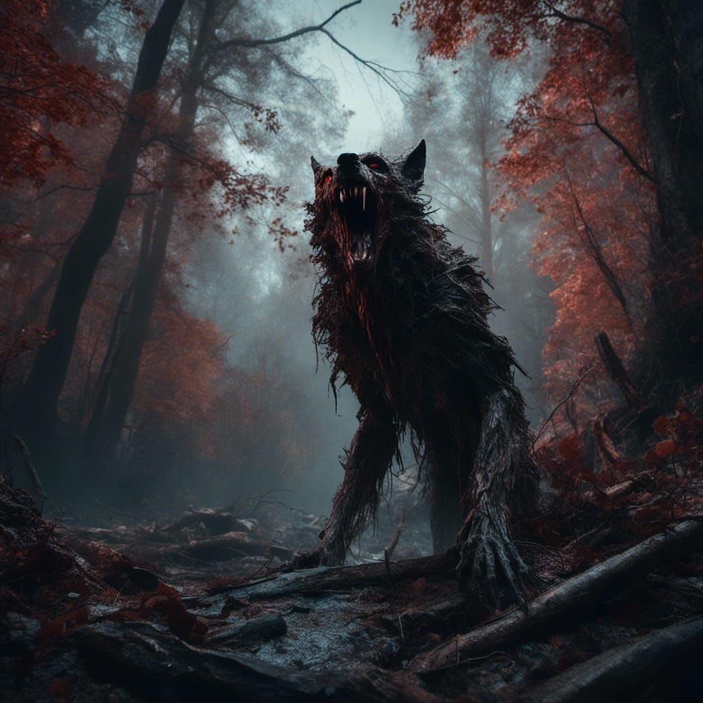 Macabre Werewolf Howls in Dark Forest