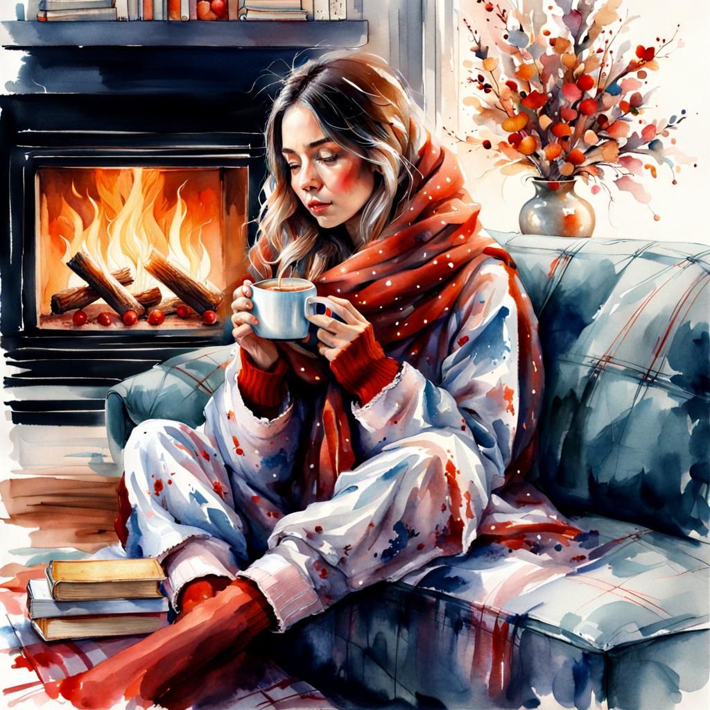 Cozy Hygge Scene with Woman and Cat