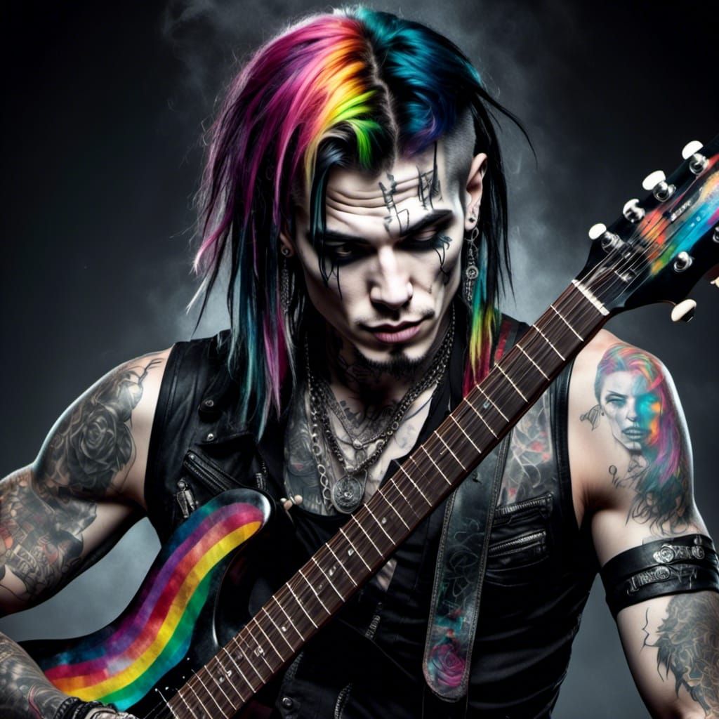 Goth Metalhead Guitarist with Rainbow Tattoos