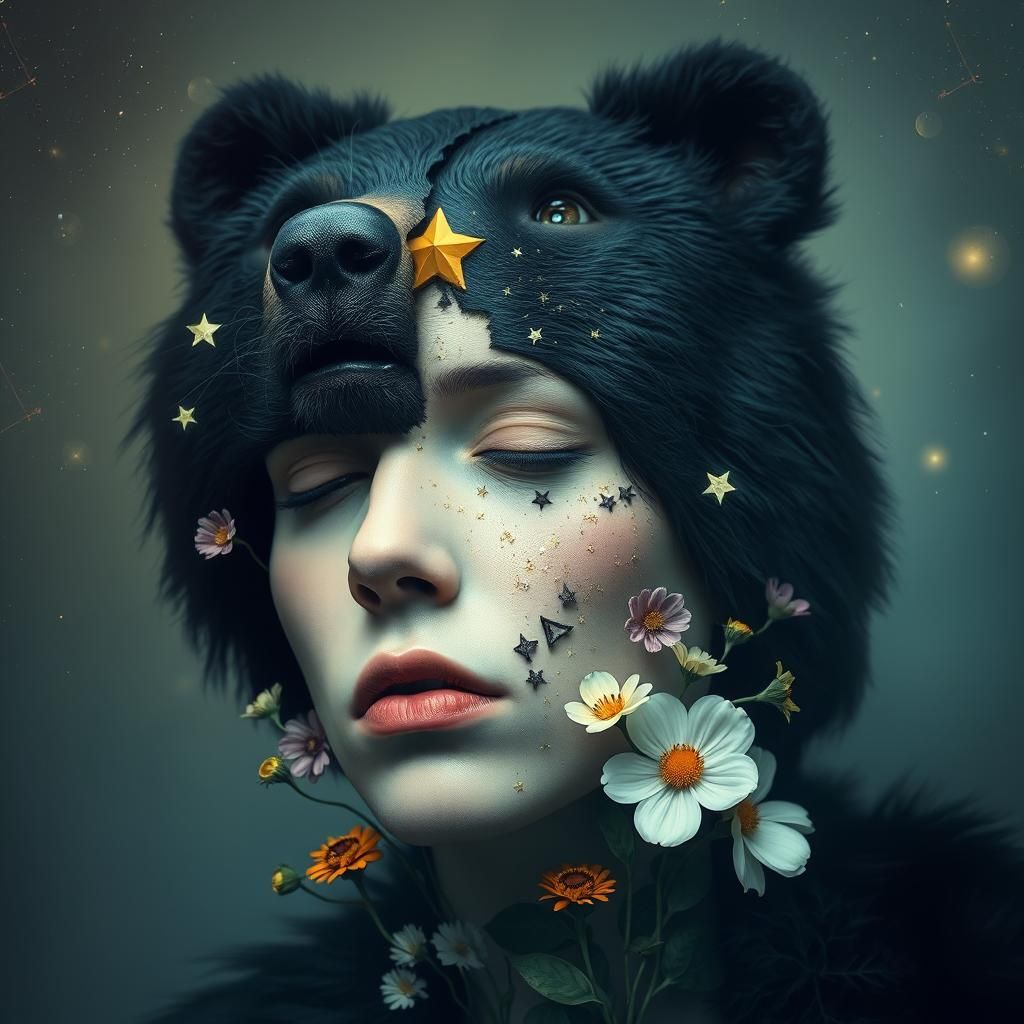 Surreal Cosmic Portrait: Bear and Human Fusion