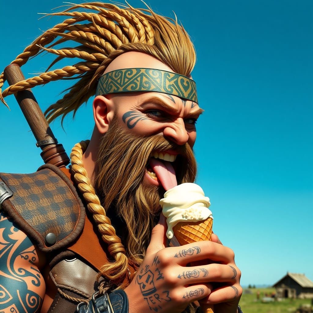Joyful Viking Warrior with Ice Cream