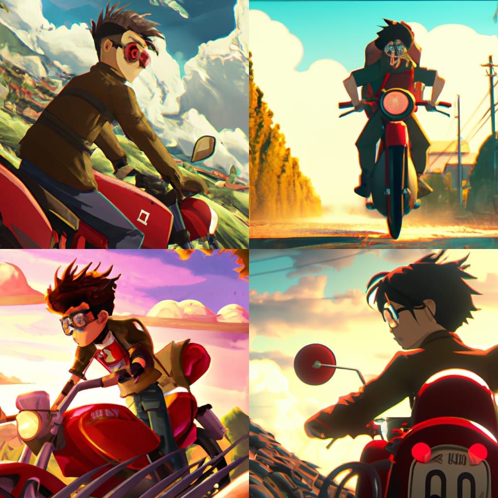 Motorcycle Rider in Ghibli Anime Style