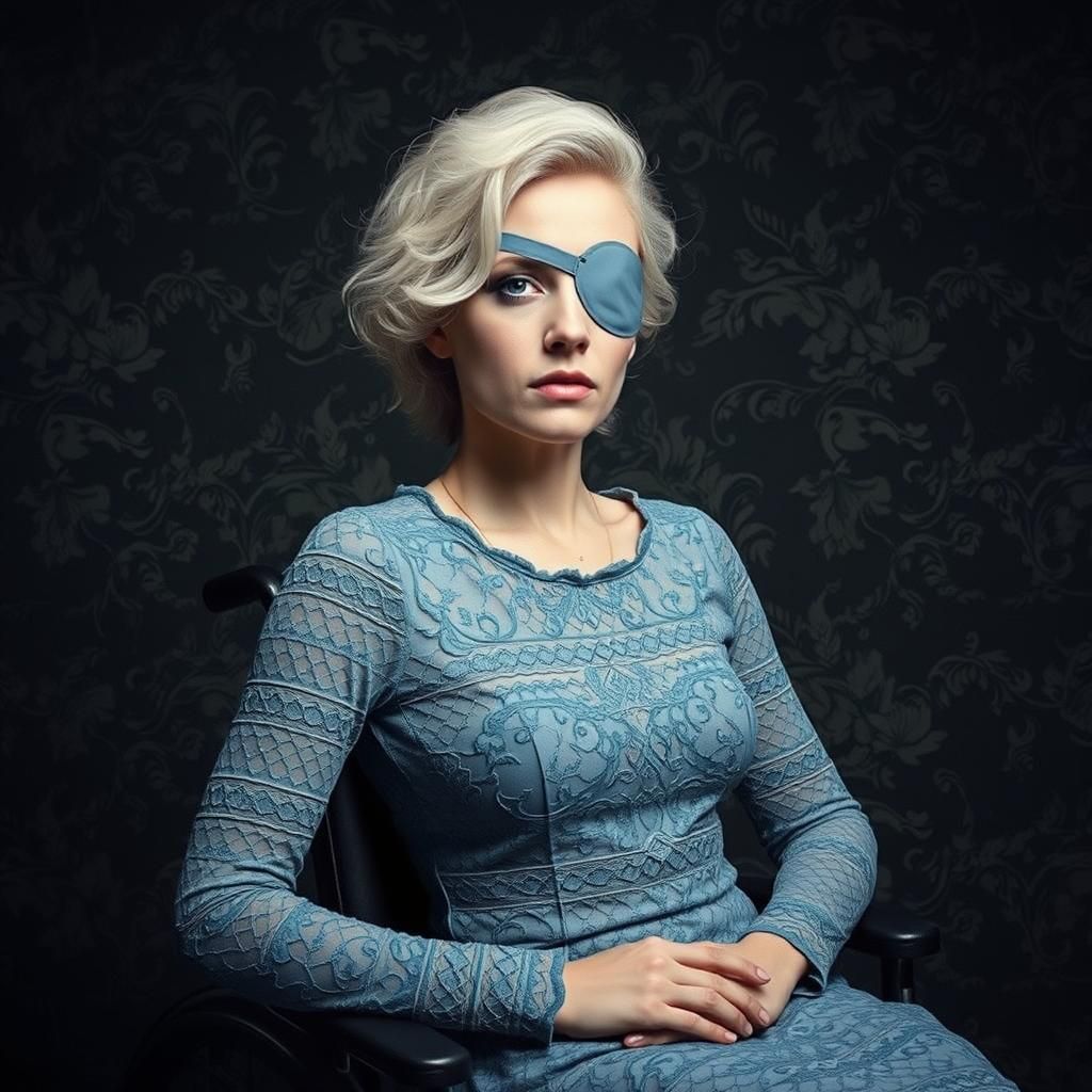 Elegant Woman with Eyepatch in Wheelchair Portrait