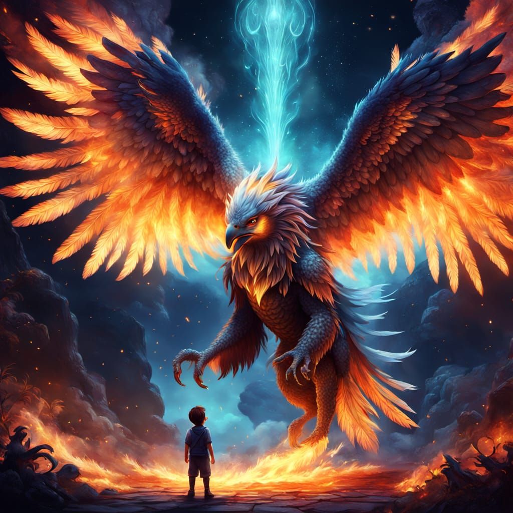 Celestial Creature Protects Child From Fire: Fantasy Art