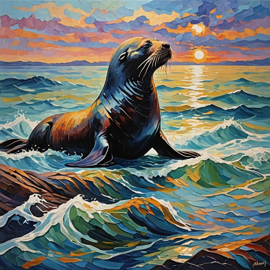 Sea Lion Silhouette in Expressionist Oil Painting