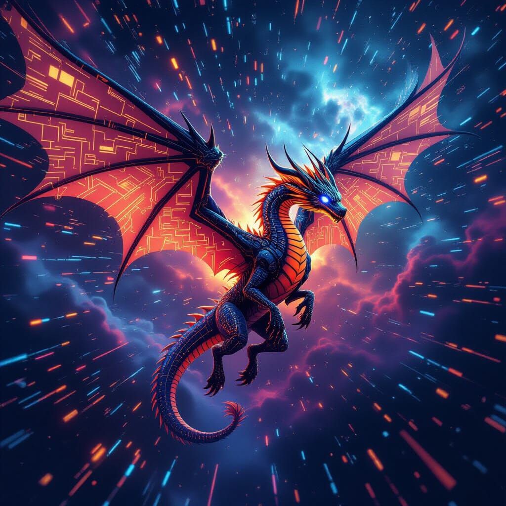 Biomechanical Dragon Soars Through Cosmic Data Nebula