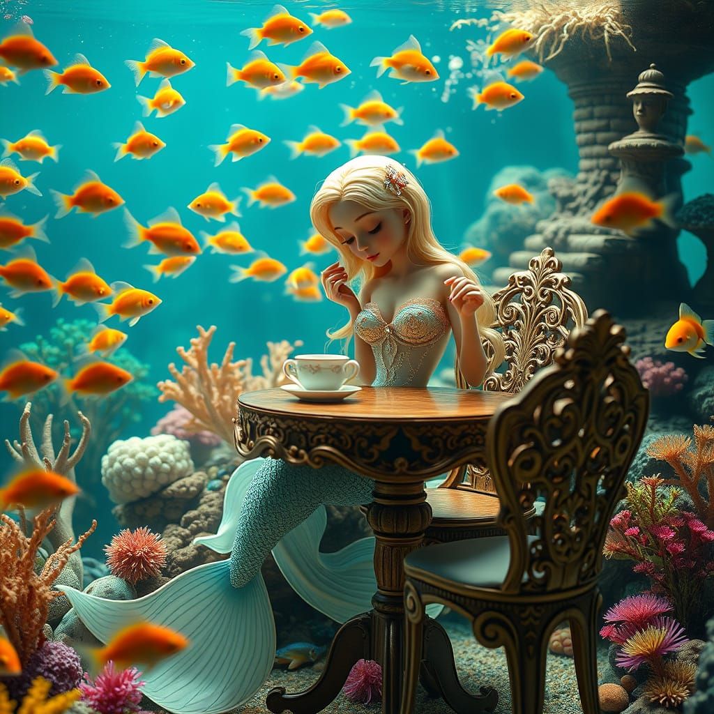Delicate Mermaid Sipping Tea in Underwater Biotope