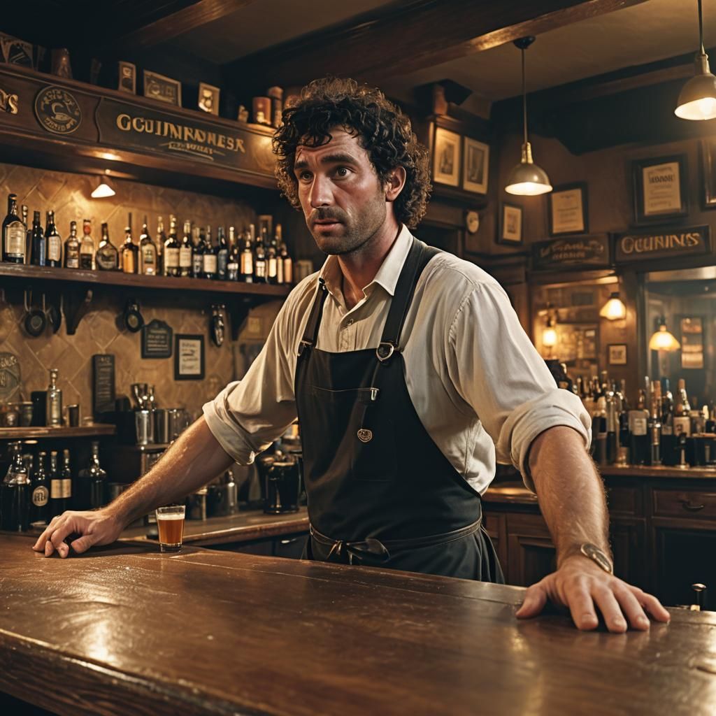 Eerie Pub Interior with Man Reaching for Bat