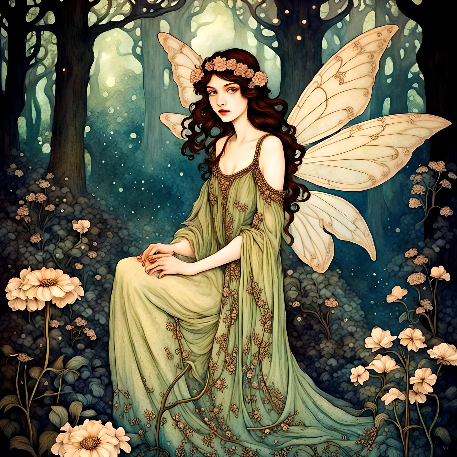 Beautiful fantasy fairy forest, flowers, mysterious, art nou...