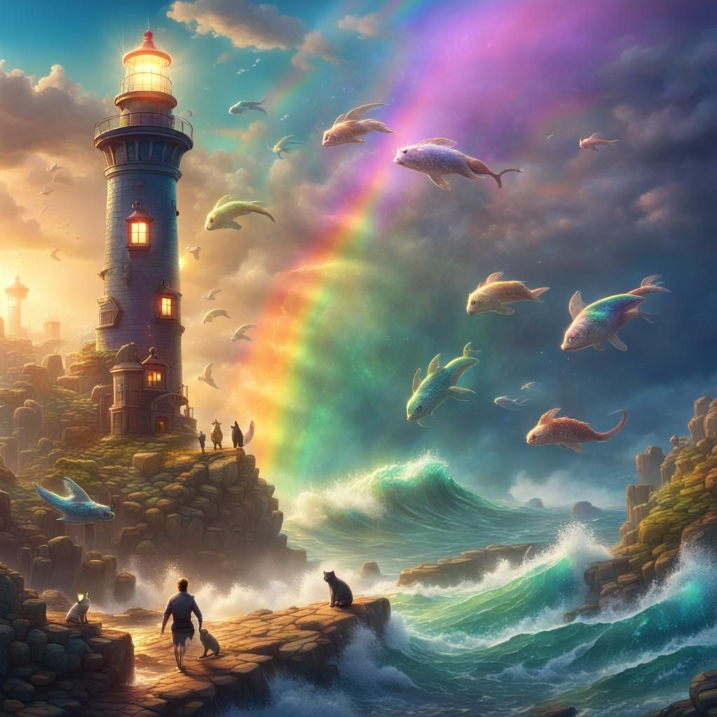 Rainbow Ocean Lighthouse Scene with Surfing Animals
