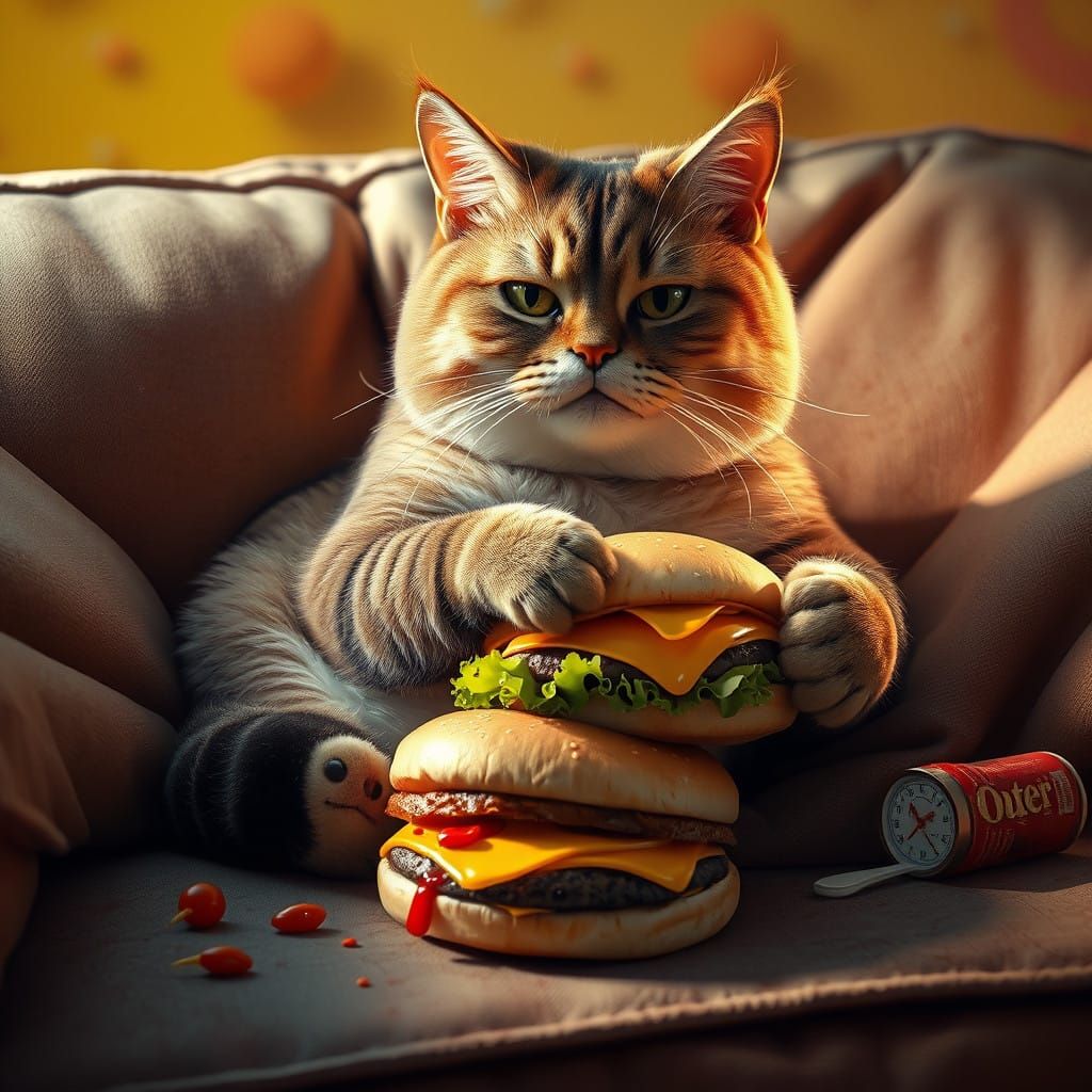 Chubby Cat Devours Juicy Burger on Cozy Couch