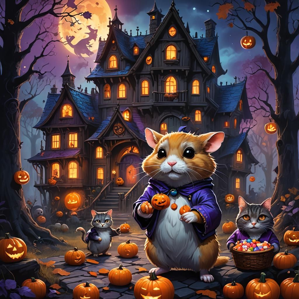 Halloween Night: Hamster and Cat at Haunted House