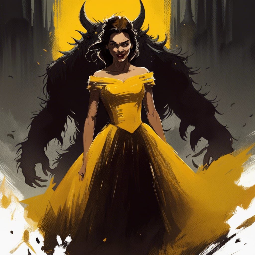 Sinister Belle with Deadly Beast in Horror Poster Style