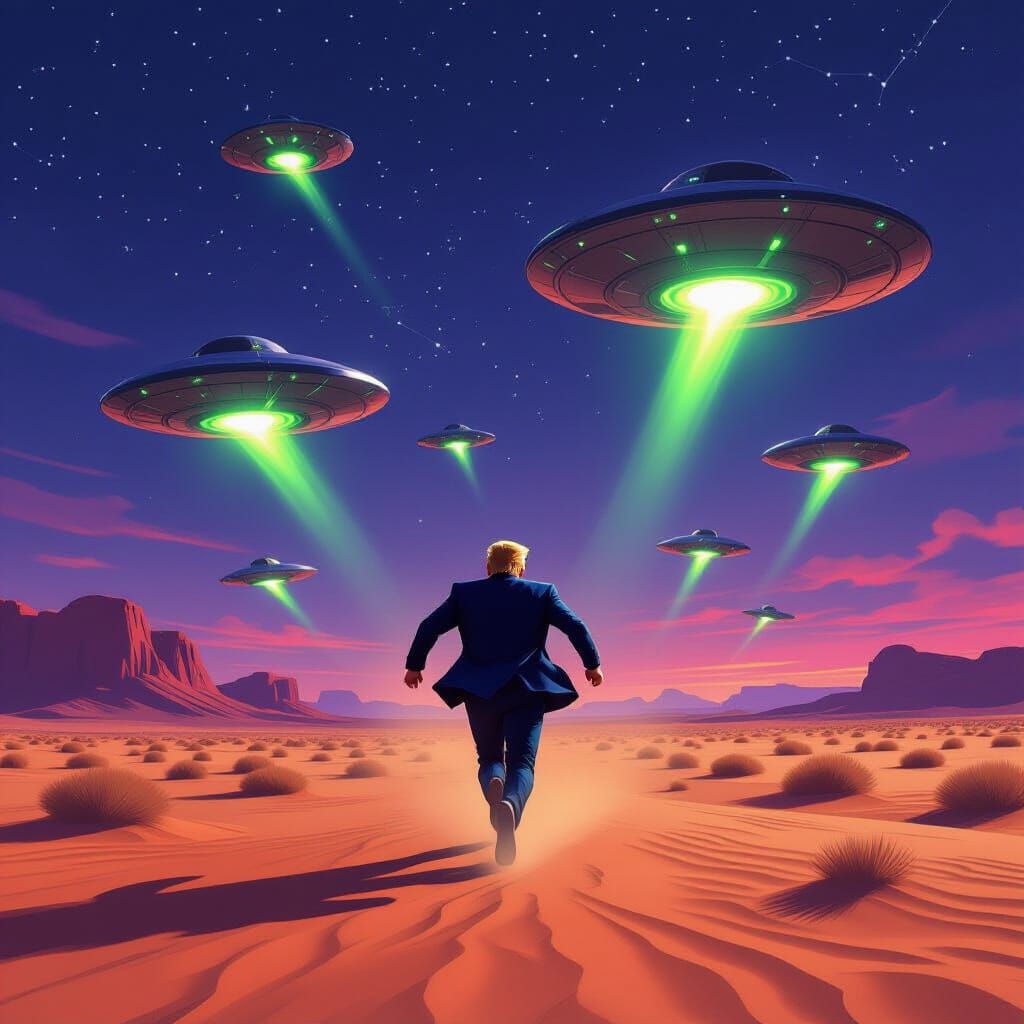 Trump Flees Alien Spaceships in Desert