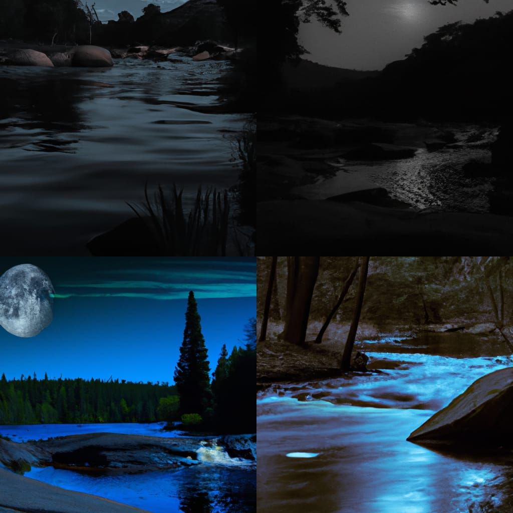 Moonlit Granite Boulders by River at Night