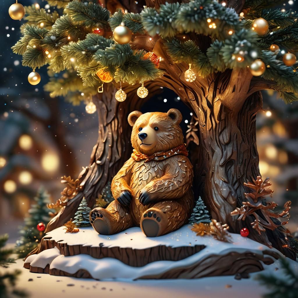 Whimsical Winter Wonderland Scene with Brown Bear in Christm...
