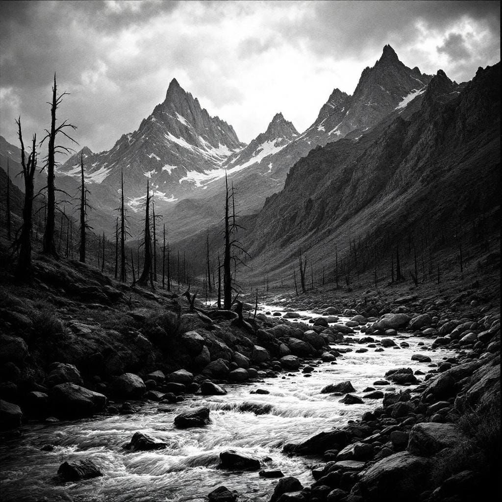 Dramatic Black and White Mountain Landscape