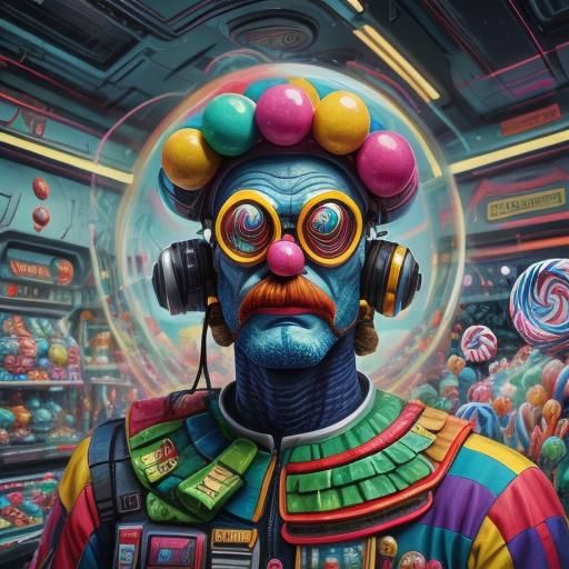 Klimt-Inspired Clown in a Candy-Colored Sci-Fi World