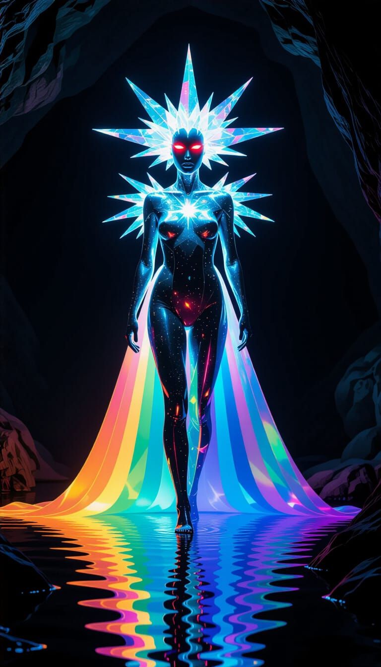 Cave Art of Crystalline Figure with Rainbow Light