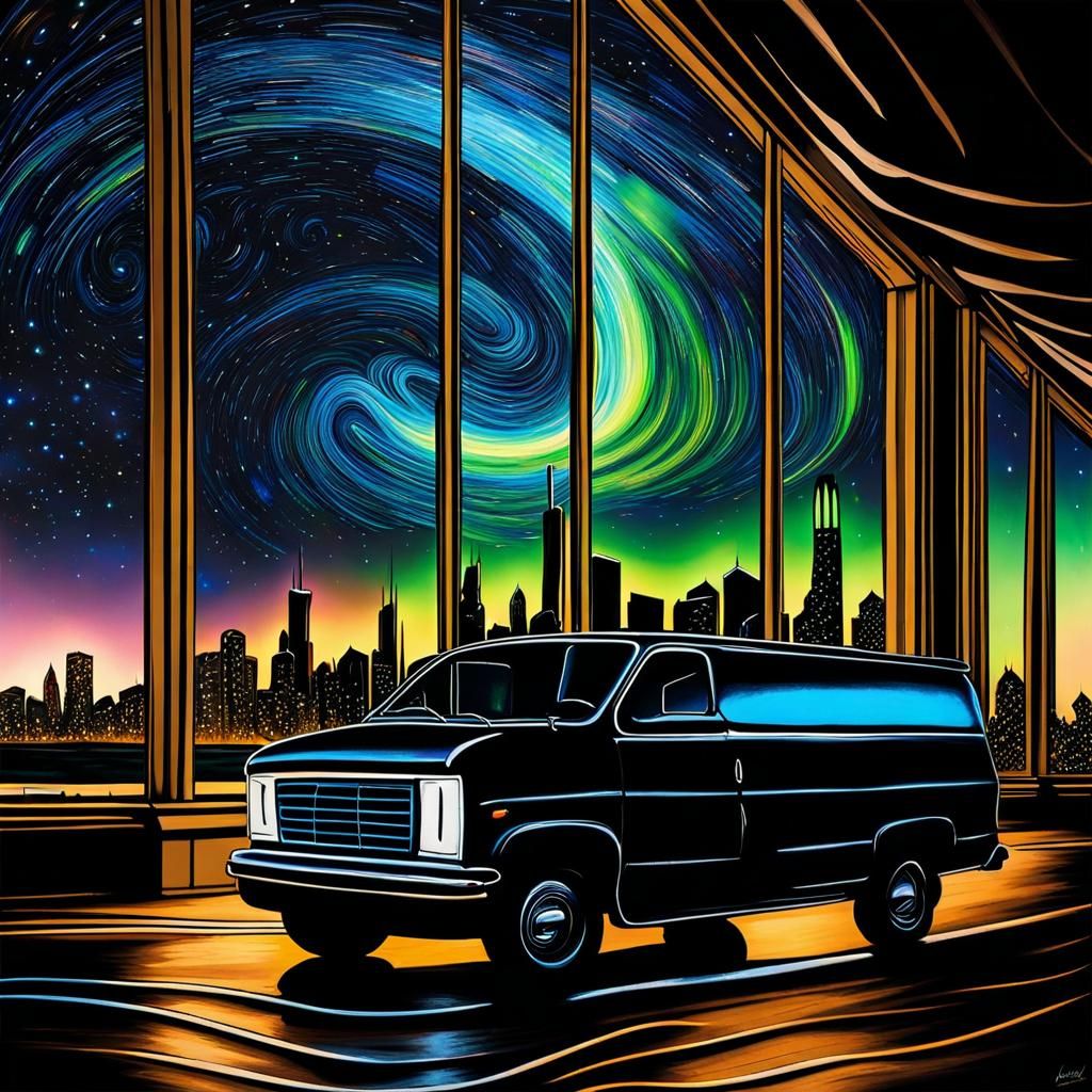 Downtown Chicago skyline under a Van Gogh starry night sky 1