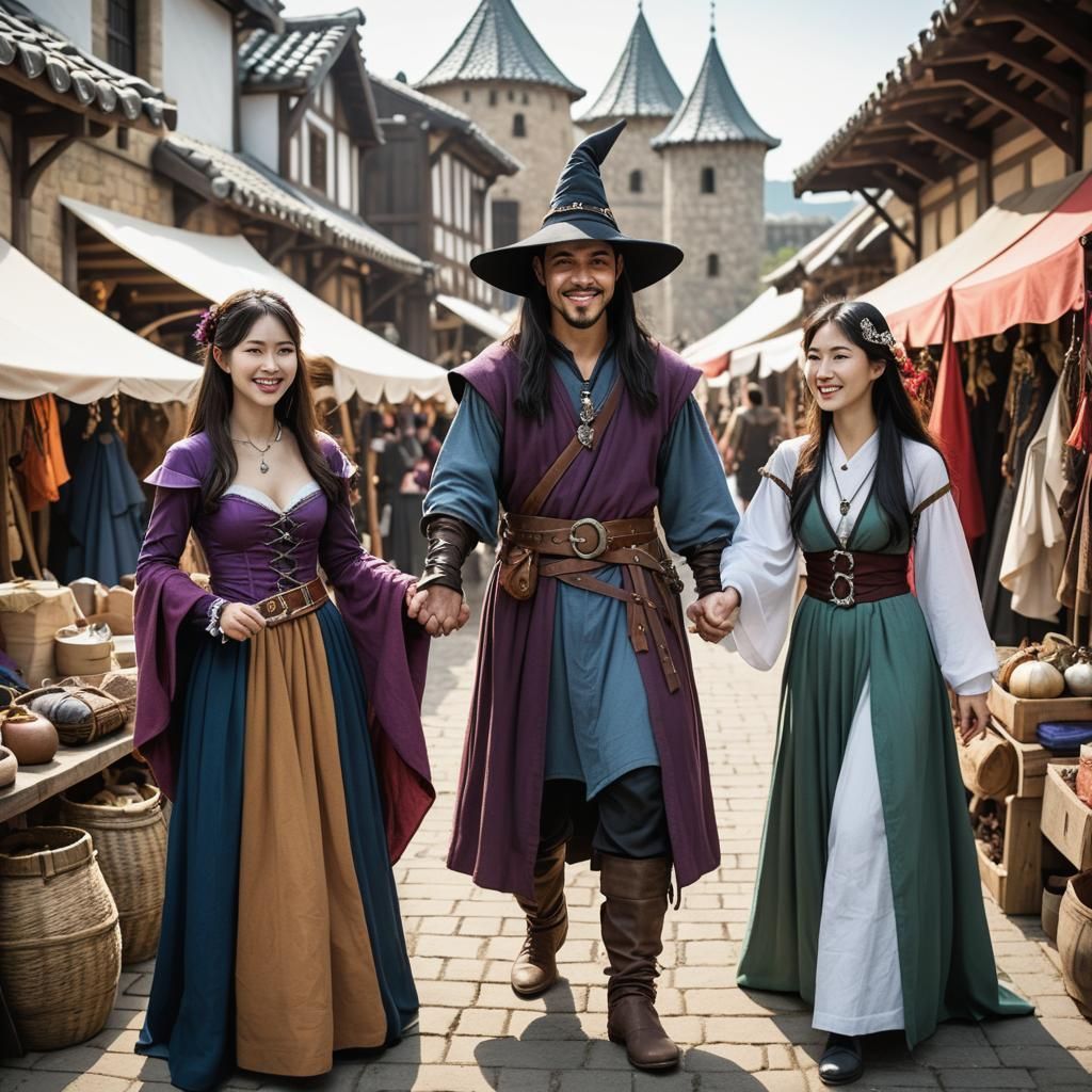 Fantasy Ranger and Witch at Medieval Market