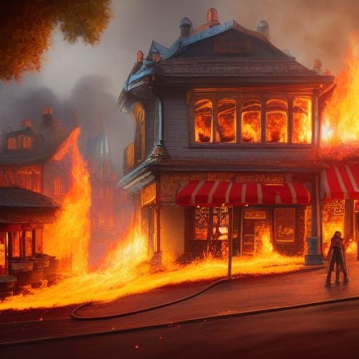 Burning Fast Food Restaurant: Detailed Matte Painting