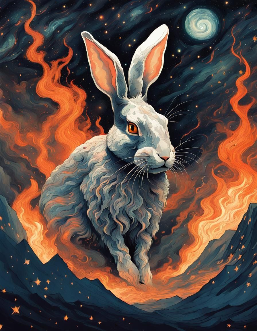 Flaming Rabbit Fantasy Illustration in Starry Night