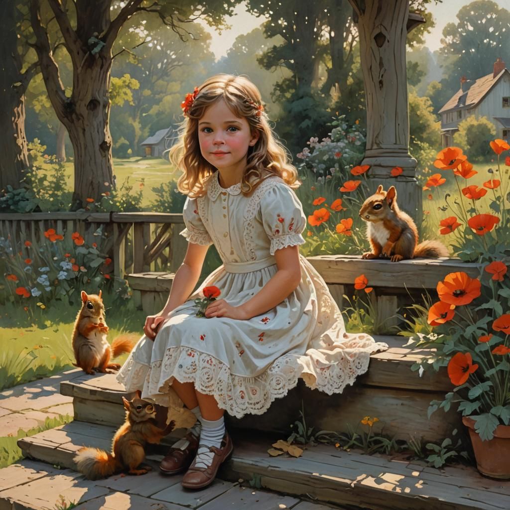 Girl Watching Squirrels in Sunlit Garden, Oil Painting