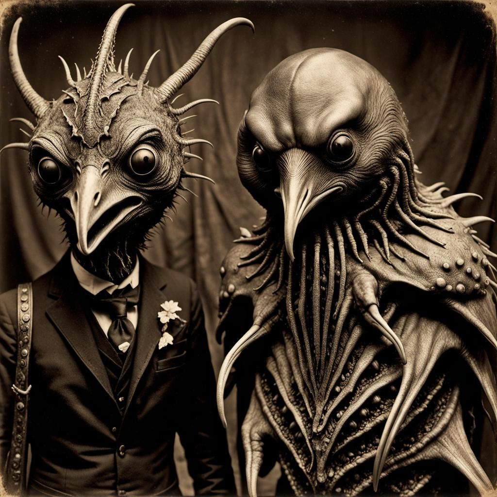 Grotesque Chaos Daemon and Penguin in Sepia Photograph