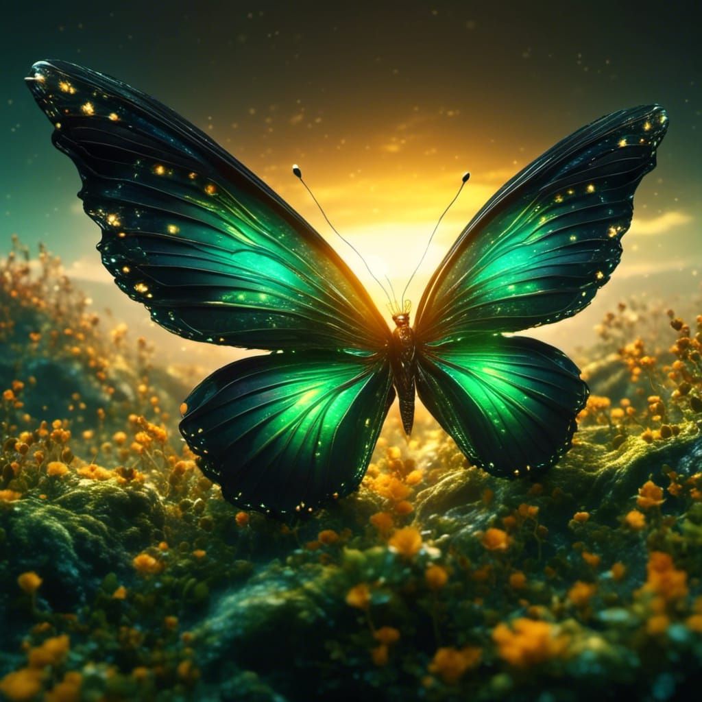 Butterfly with Mystical Galactic Wings at Sunset