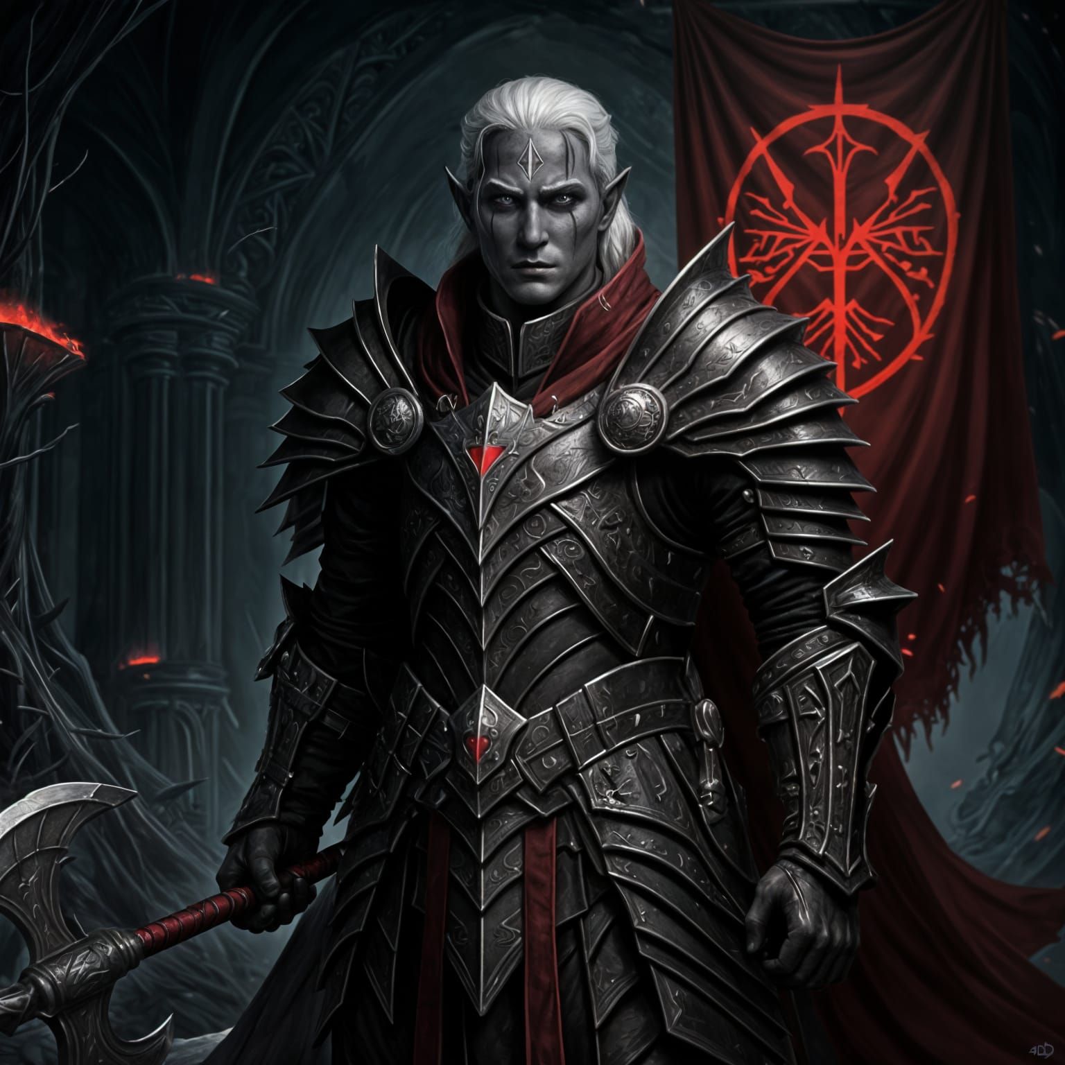Drow Captain in Blackened Armor with Halberd