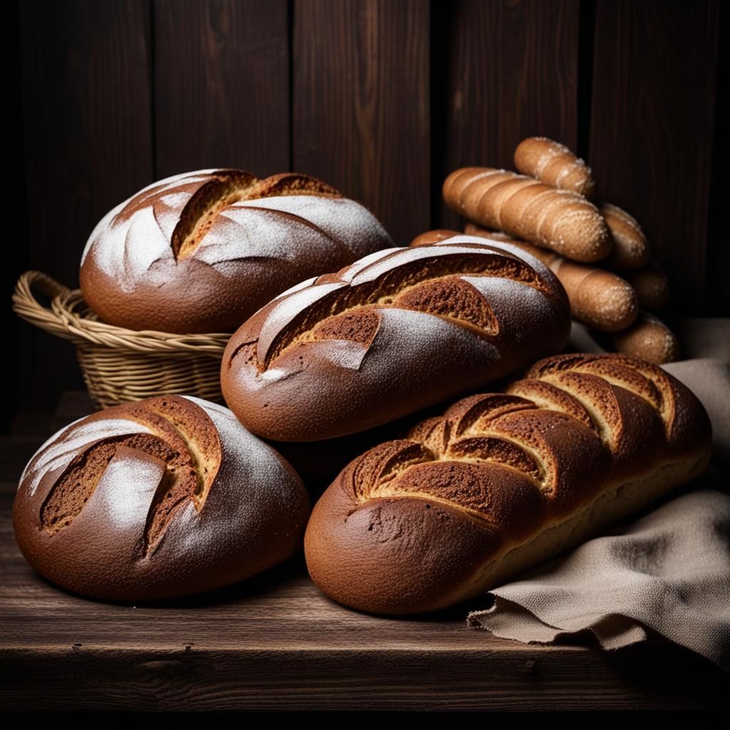 Rustic Dark Bread Loaves in Wooden Bakery