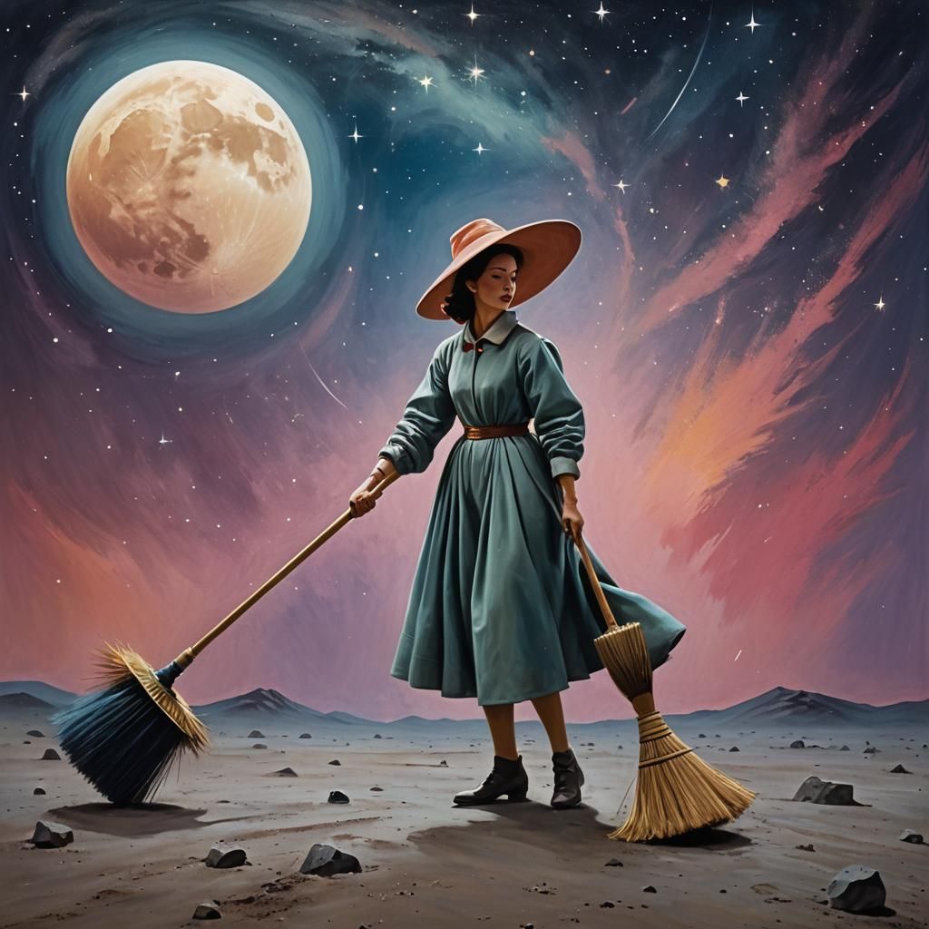 Sweeping Stardust: A Surreal Moon Dream