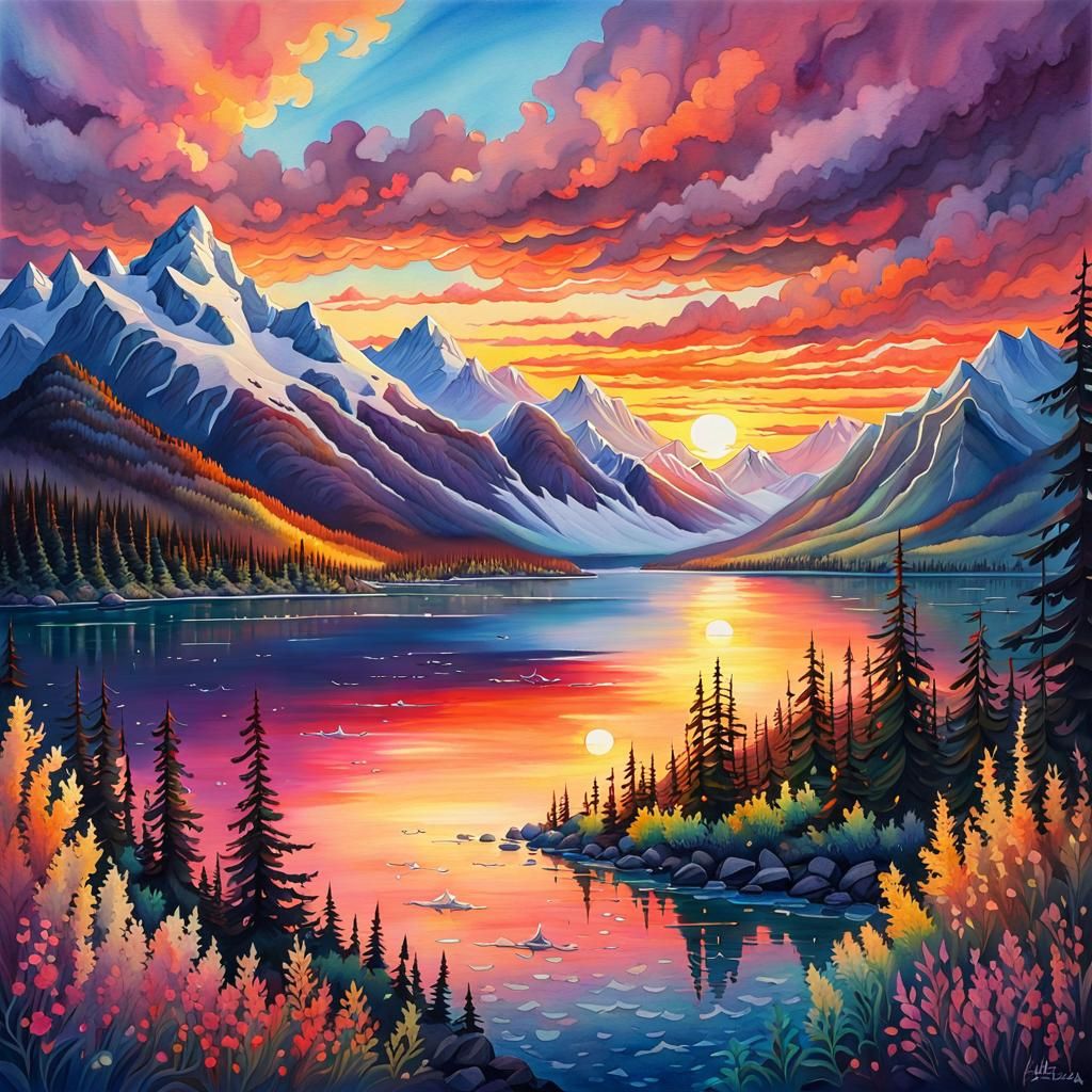 Sunset Over Old Kenai Alaska in Watercolor