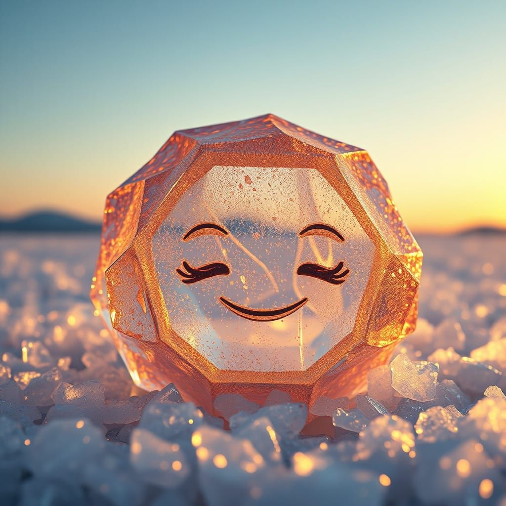 Golden Ice Crystal Sculpture with Smiling Face