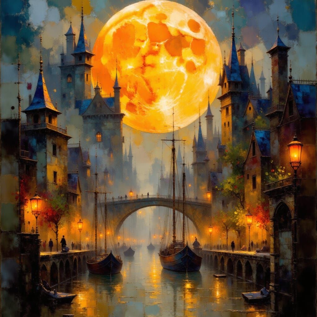 Steampunk Harbor City Radiates Warm Golden Light