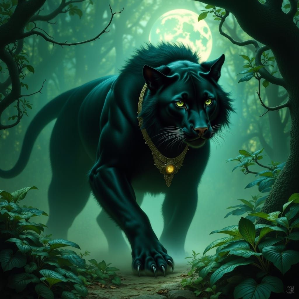 Regal Black Panther in Moonlit Jungle