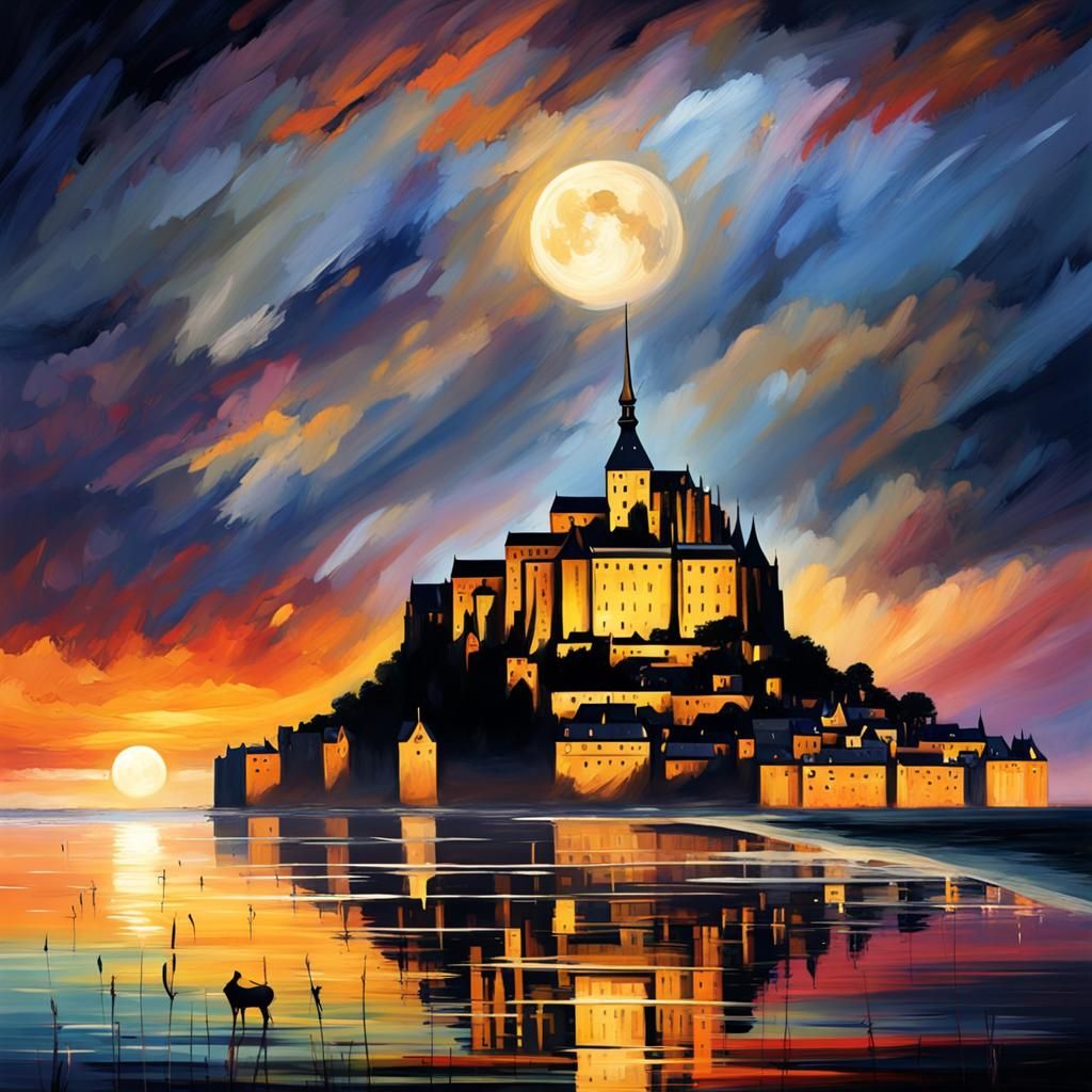 Mont Saint Michel: Sunset and Moon in Impasto Style